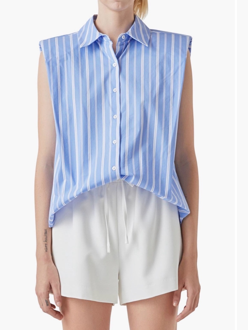 GREY LAB Blue & White Striped Sleeveless Button-Down Shirt